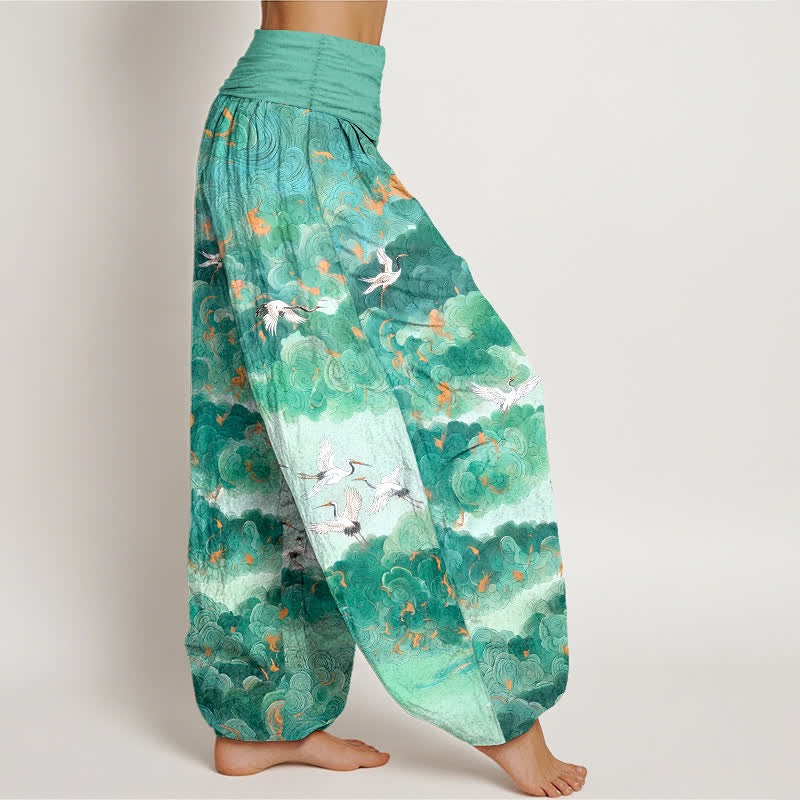 Buddha Stones Cotton Crane Cloud Pattern Women's Elastic Waist Harem Pants - image 6