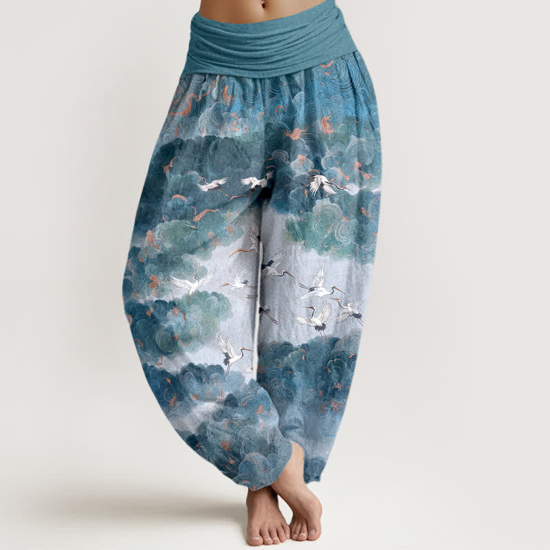 Buddha Stones Cotton Crane Cloud Pattern Women's Elastic Waist Harem Pants - SteelBlue - US16，UK/AU20，EU48 (3XL) - image 8