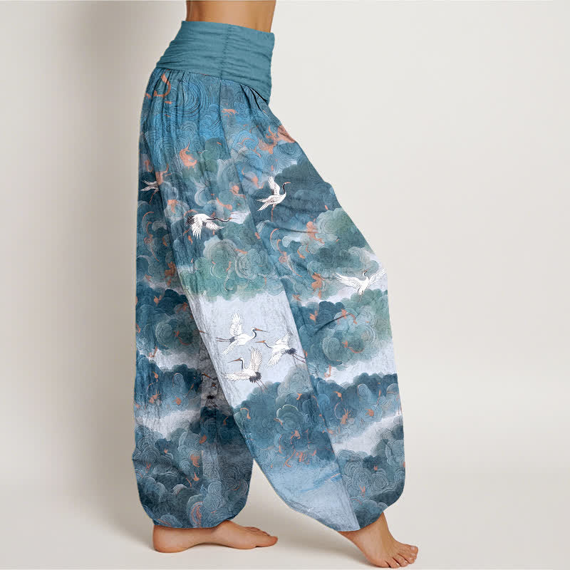 Buddha Stones Cotton Crane Cloud Pattern Women's Elastic Waist Harem Pants - image 9