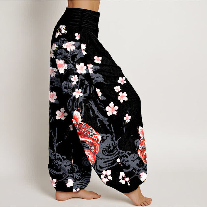 Buddha Stones Cotton Koi Sakura Pattern Women's Elastic Waist Harem Pants - image 6