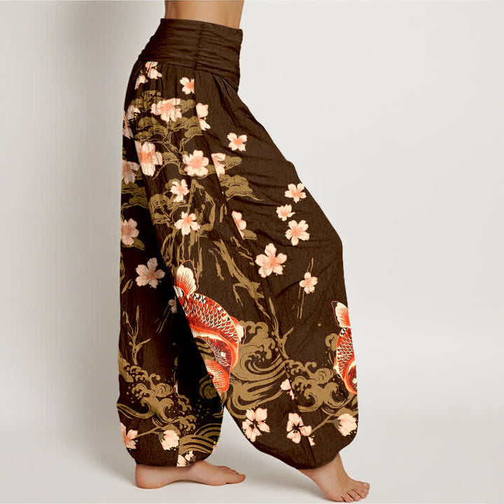 Buddha Stones Cotton Koi Sakura Pattern Women's Elastic Waist Harem Pants - image 9