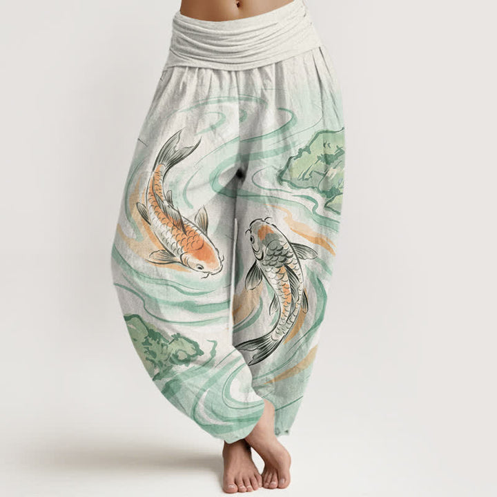 Buddha Stones Cotton Koi Fish Rock Wave Pattern Women's Elastic Waist Harem Pants - Honeydew - US16，UK/AU20，EU48 (3XL) - image 0