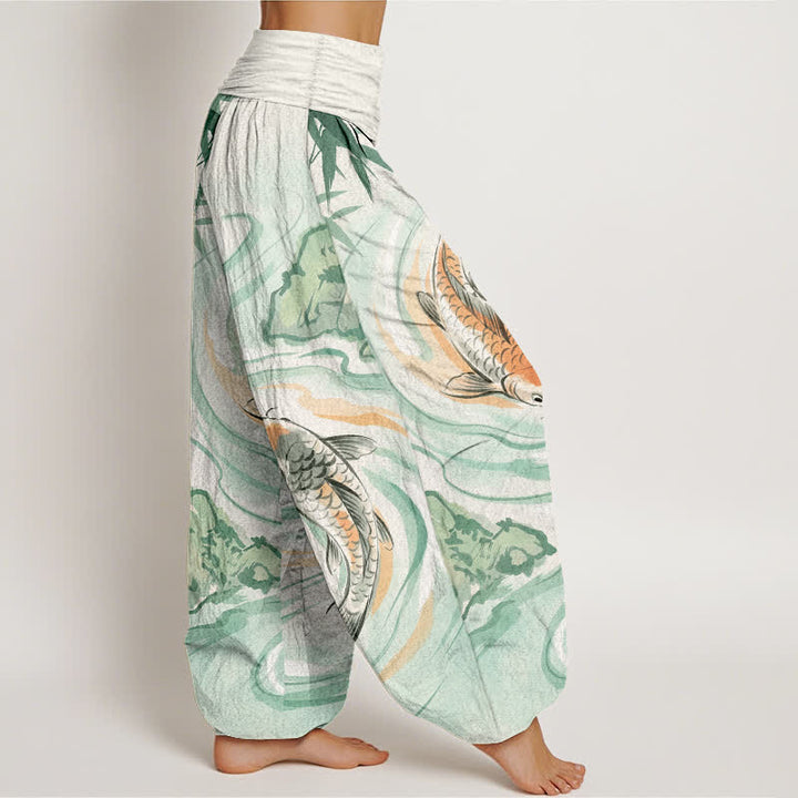 Buddha Stones Cotton Koi Fish Rock Wave Pattern Women's Elastic Waist Harem Pants - image 2