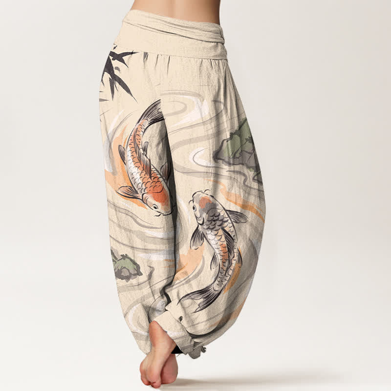 Buddha Stones Cotton Koi Fish Rock Wave Pattern Women's Elastic Waist Harem Pants - image 7