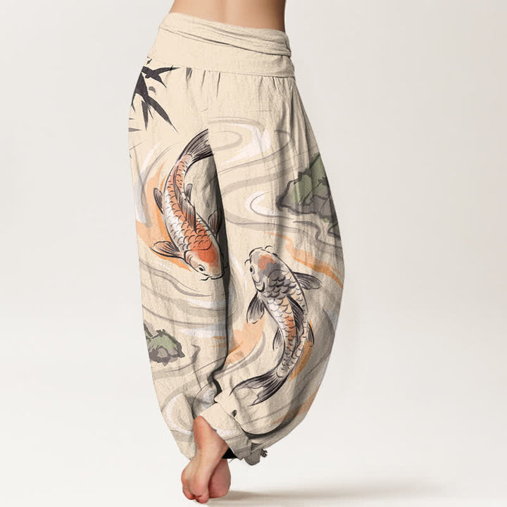 Buddha Stones Cotton Koi Fish Rock Wave Pattern Women's Elastic Waist Harem Pants - image 7