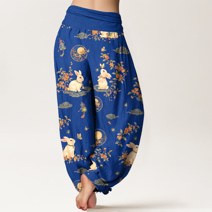 Buddha Stones Cotton Moon Rabbit Floral Pattern Women's Elastic Waist Harem Pants - image 2