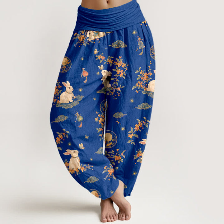 Buddha Stones Cotton Moon Rabbit Floral Pattern Women's Elastic Waist Harem Pants - LightYellow - US16，UK/AU20，EU48 (3XL) - image 0