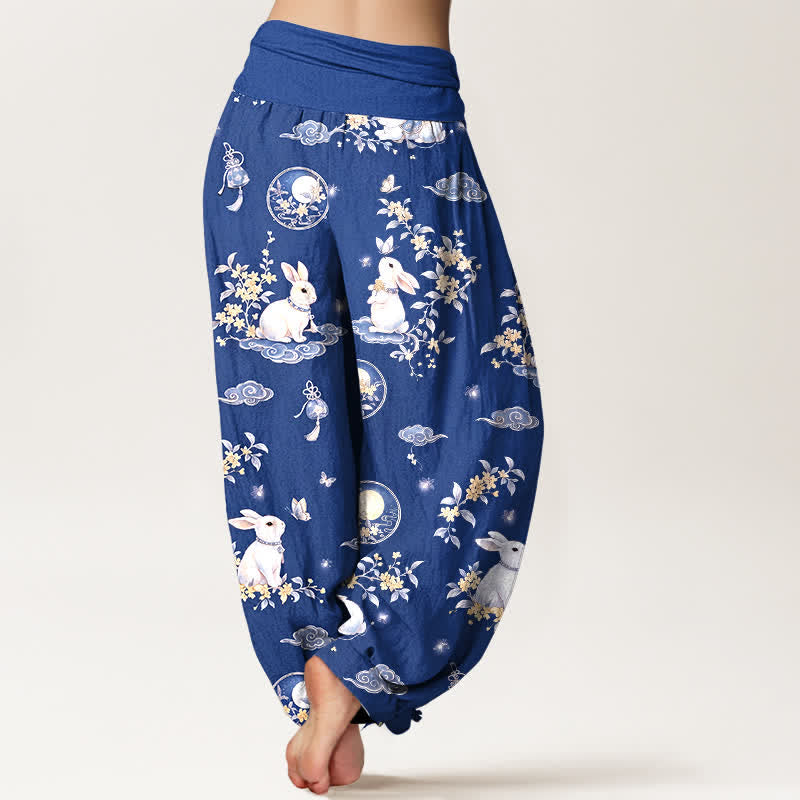 Buddha Stones Cotton Moon Rabbit Floral Pattern Women's Elastic Waist Harem Pants - image 7