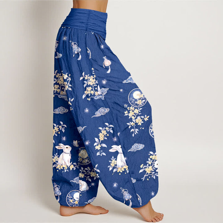 Buddha Stones Cotton Moon Rabbit Floral Pattern Women's Elastic Waist Harem Pants - image 6