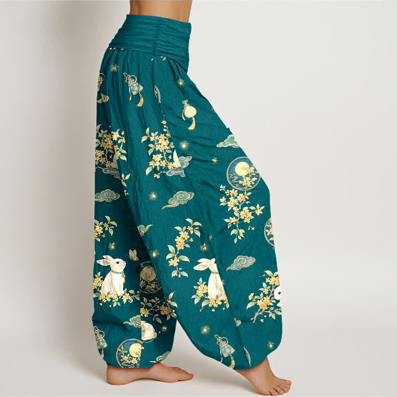 Buddha Stones Cotton Moon Rabbit Floral Pattern Women's Elastic Waist Harem Pants - image 9