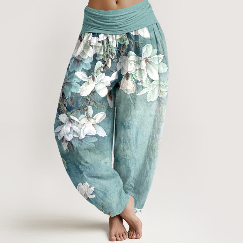 Buddha Stones Cotton White Magnolia Pattern Women's Elastic Waist Harem Pants - Turquoise - US16，UK/AU20，EU48 (3XL) - image 0