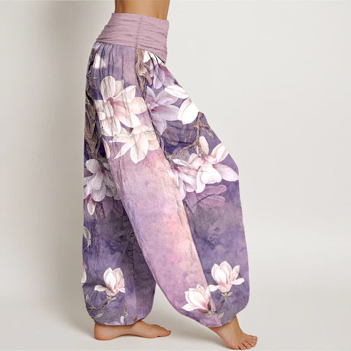 Buddha Stones Cotton White Magnolia Pattern Women's Elastic Waist Harem Pants - image 9