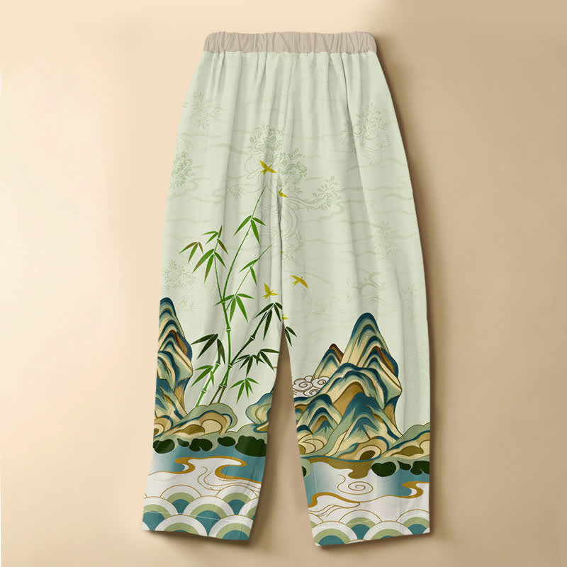 Buddha Stones Pure Cotton Vintage Mountain Bamboo Pattern Frog Button Women's Elastic Waist Harem Pants With Pockets - image 6