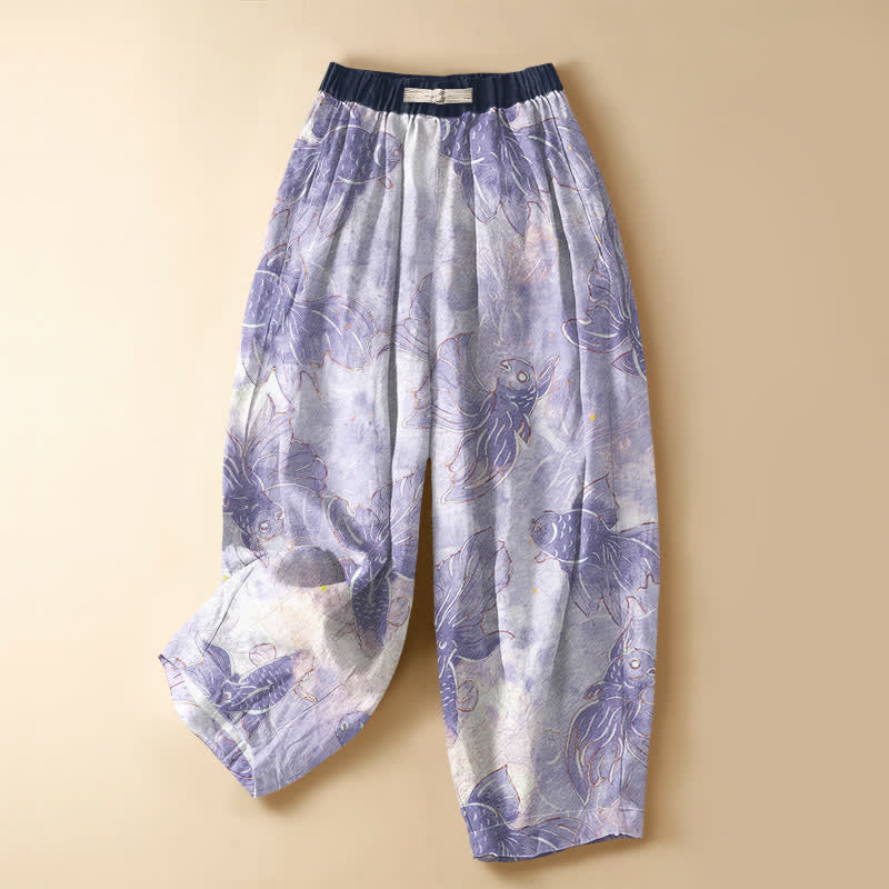 Buddha Stones Pure Cotton Watercolor Goldfish Pattern Frog Button Women's Elastic Waist Harem Pants With Pockets - Lavender - US16，UK/AU20，EU48 (3XL) - image 0