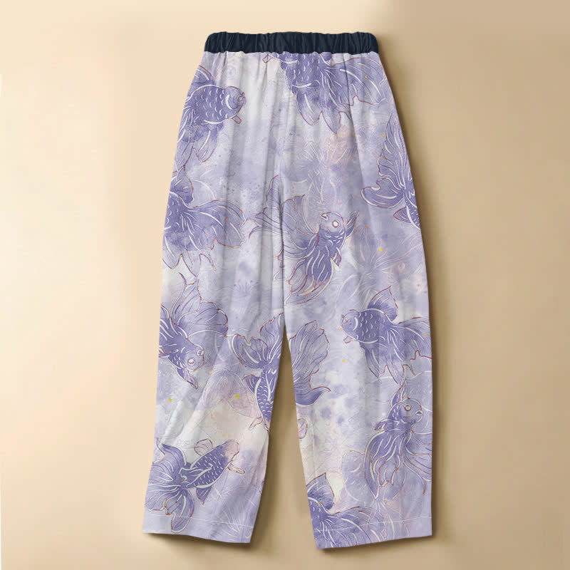 Buddha Stones Pure Cotton Watercolor Goldfish Pattern Frog Button Women's Elastic Waist Harem Pants With Pockets - image 1