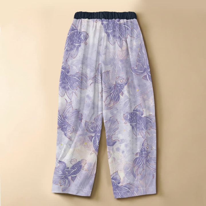 Buddha Stones Pure Cotton Watercolor Goldfish Pattern Frog Button Women's Elastic Waist Harem Pants With Pockets - image 1
