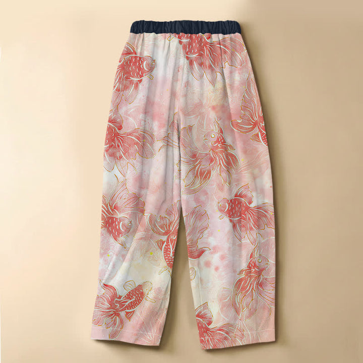 Buddha Stones Pure Cotton Watercolor Goldfish Pattern Frog Button Women's Elastic Waist Harem Pants With Pockets - image 6