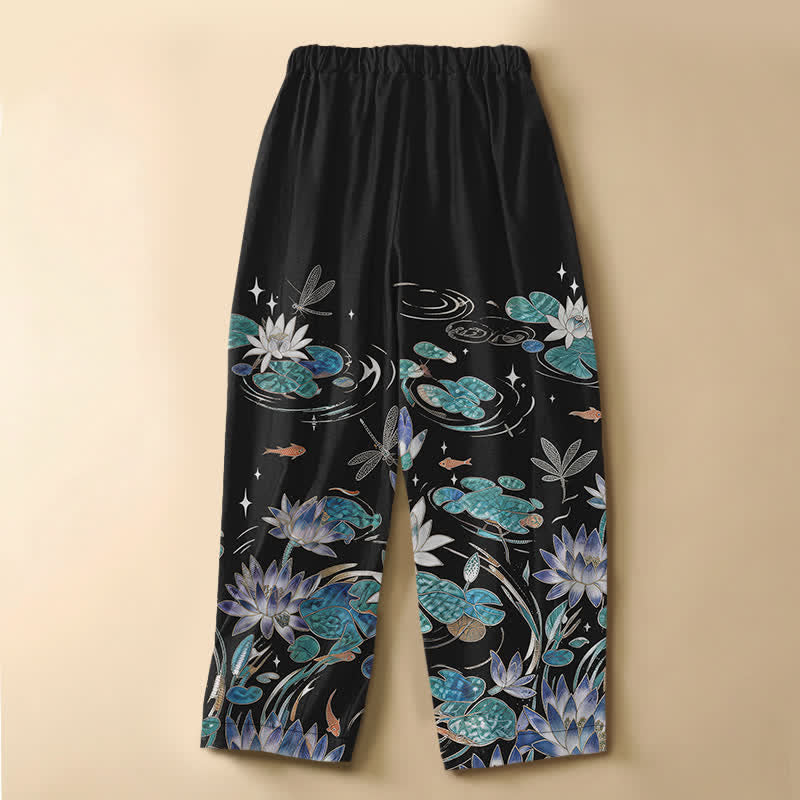 Buddha Stones Pure Cotton Lotus Koi Dragonfly Pattern Frog Button Women's Elastic Waist Harem Pants With Pockets - image 1