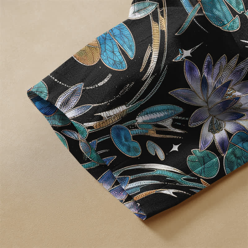 Buddha Stones Pure Cotton Lotus Koi Dragonfly Pattern Frog Button Women's Elastic Waist Harem Pants With Pockets - image 3