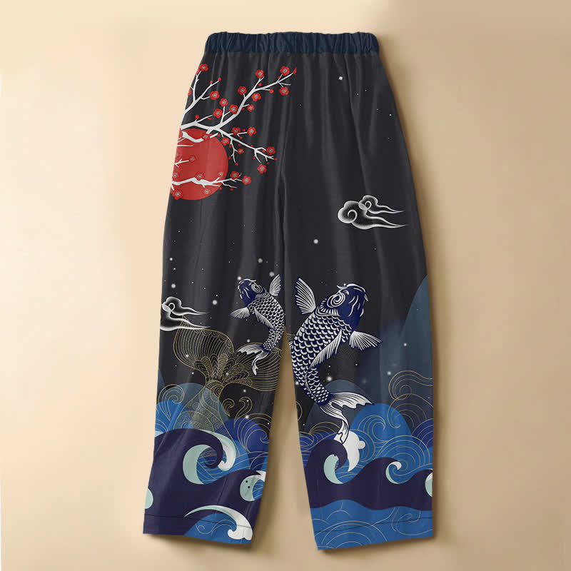 Buddha Stones Pure Cotton Oriental Koi Sun Wave Pattern Frog Button Women's Elastic Waist Harem Pants With Pockets - image 1