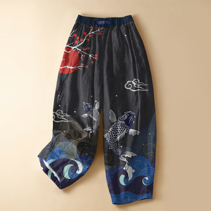 Buddha Stones Pure Cotton Oriental Koi Sun Wave Pattern Frog Button Women's Elastic Waist Harem Pants With Pockets - Black - US16，UK/AU20，EU48 (3XL) - image 0