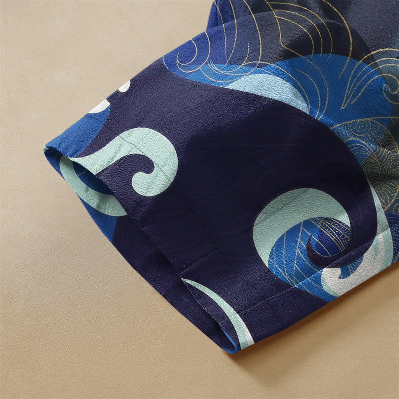 Buddha Stones Pure Cotton Oriental Koi Sun Wave Pattern Frog Button Women's Elastic Waist Harem Pants With Pockets - image 3