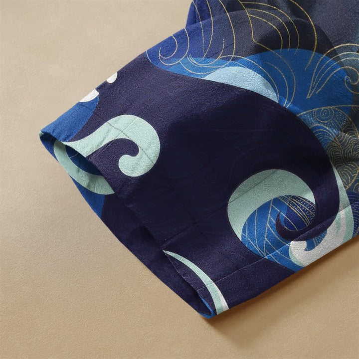 Buddha Stones Pure Cotton Oriental Koi Sun Wave Pattern Frog Button Women's Elastic Waist Harem Pants With Pockets - image 3