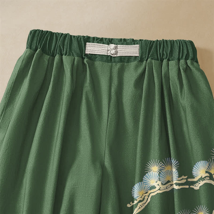 Buddha Stones Pure Cotton Pine Tree Koi Waterfall Pattern Frog Button Women's Elastic Waist Harem Pants With Pockets - image 2