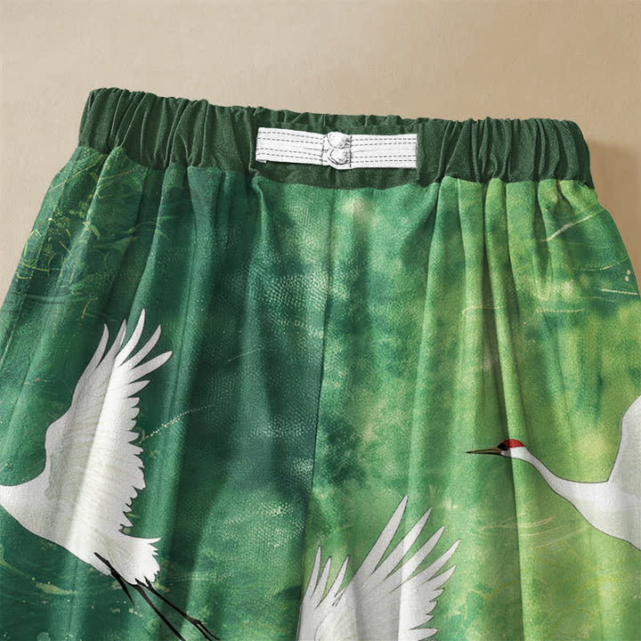 Buddha Stones Pure Cotton Flying White Crane Pattern Frog Button Women's Elastic Waist Harem Pants With Pockets - image 2