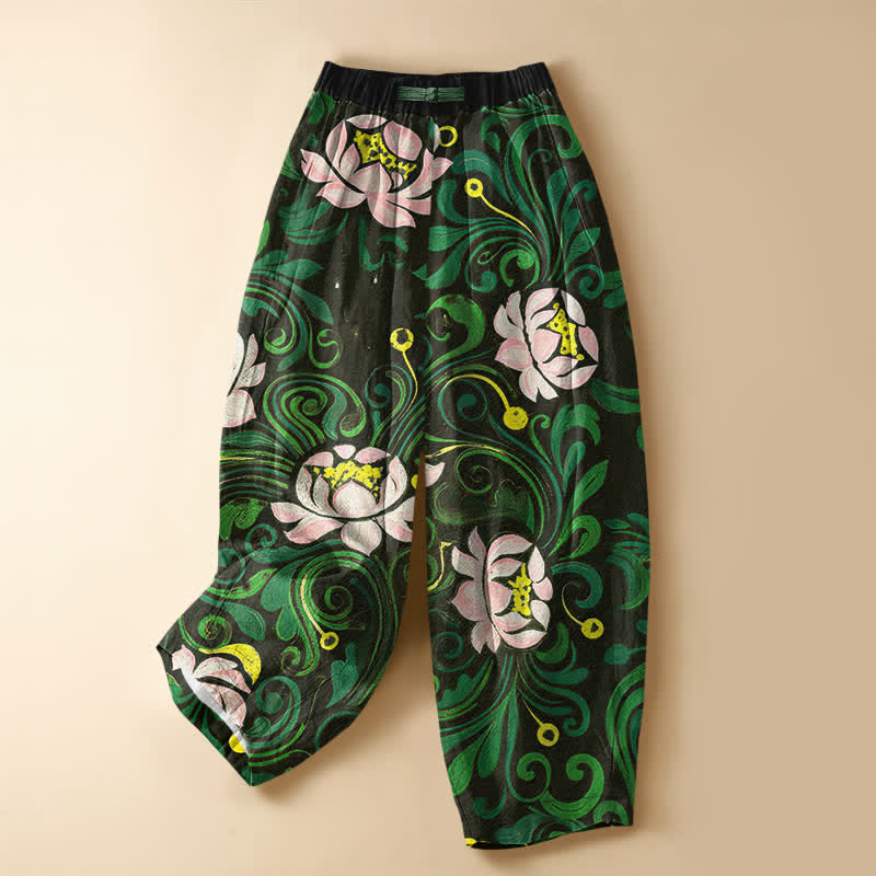 Buddha Stones Pure Cotton Vintage Lotus Vine Pattern Frog Button Women's Elastic Waist Harem Pants With Pockets - MediumSeaGreen - US16，UK/AU20，EU48 (3XL) - image 5