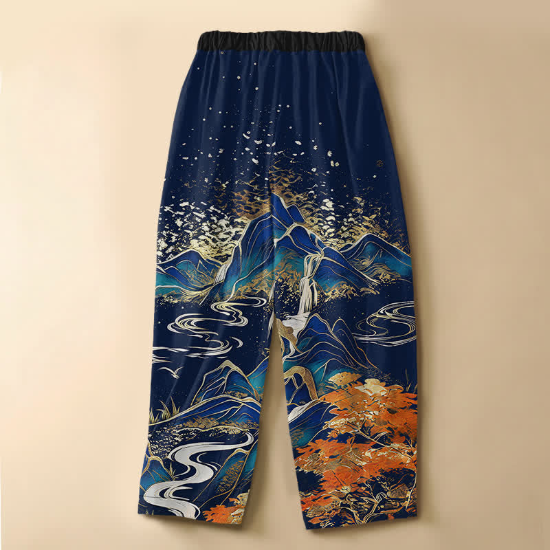 Buddha Stones Pure Cotton Oriental Mountain Landscape Pattern Frog Button Women's Elastic Waist Harem Pants With Pockets - image 6