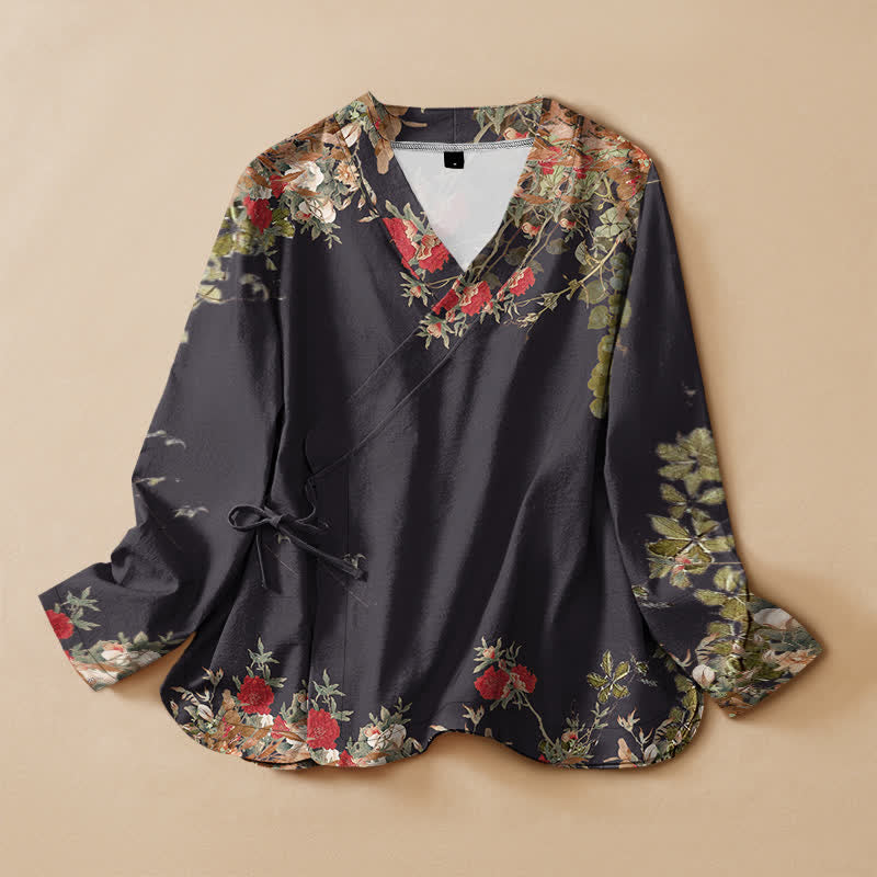 Buddha Stones Cotton Oriental Bloom Pattern Wrap V-Neck Lace-up Women's Long Sleeve Shirts Kimono - Black - US16，UK/AU20，EU48 (3XL) - image 0