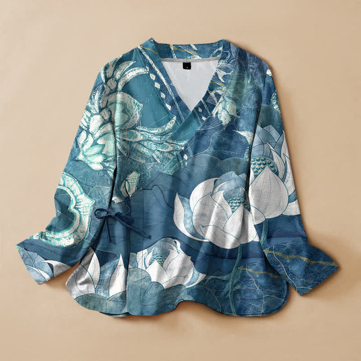 Buddha Stones Cotton White Lotus Leaf Print Hanfu Style Wrap V-Neck Lace-up Women's Long Sleeve Shirts Kimono - SteelBlue - US16，UK/AU20，EU48 (3XL) - image 5