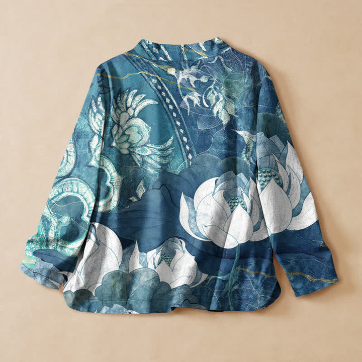 Buddha Stones Cotton White Lotus Leaf Print Hanfu Style Wrap V-Neck Lace-up Women's Long Sleeve Shirts Kimono - image 6