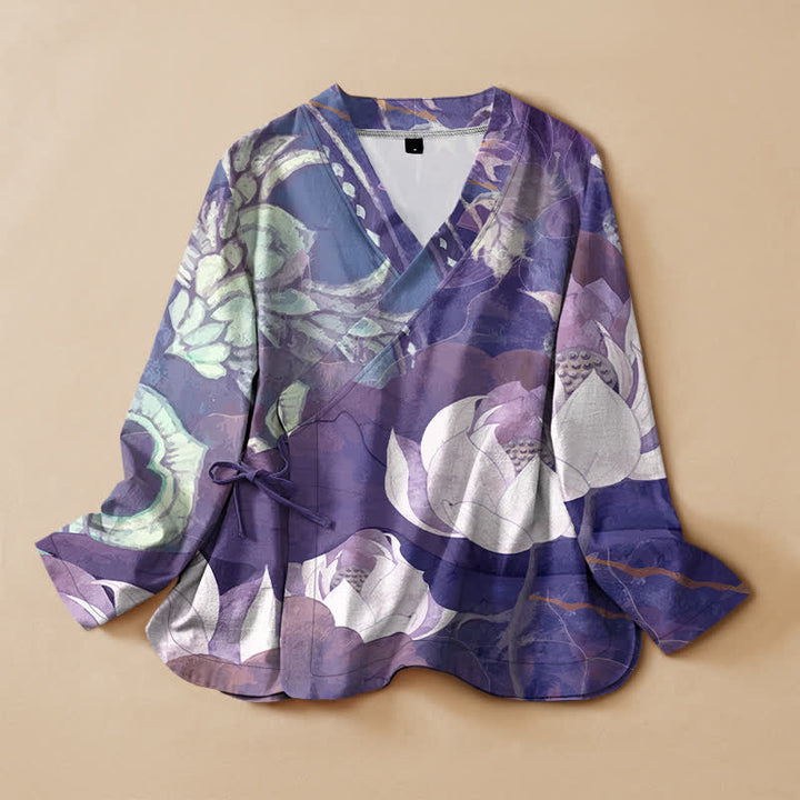 Buddha Stones Cotton White Lotus Leaf Print Hanfu Style Wrap V-Neck Lace-up Women's Long Sleeve Shirts Kimono - DarkViolet - US16，UK/AU20，EU48 (3XL) - image 7