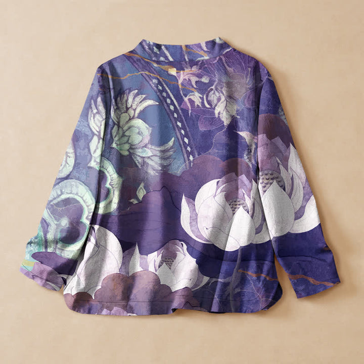 Buddha Stones Cotton White Lotus Leaf Print Hanfu Style Wrap V-Neck Lace-up Women's Long Sleeve Shirts Kimono - image 8