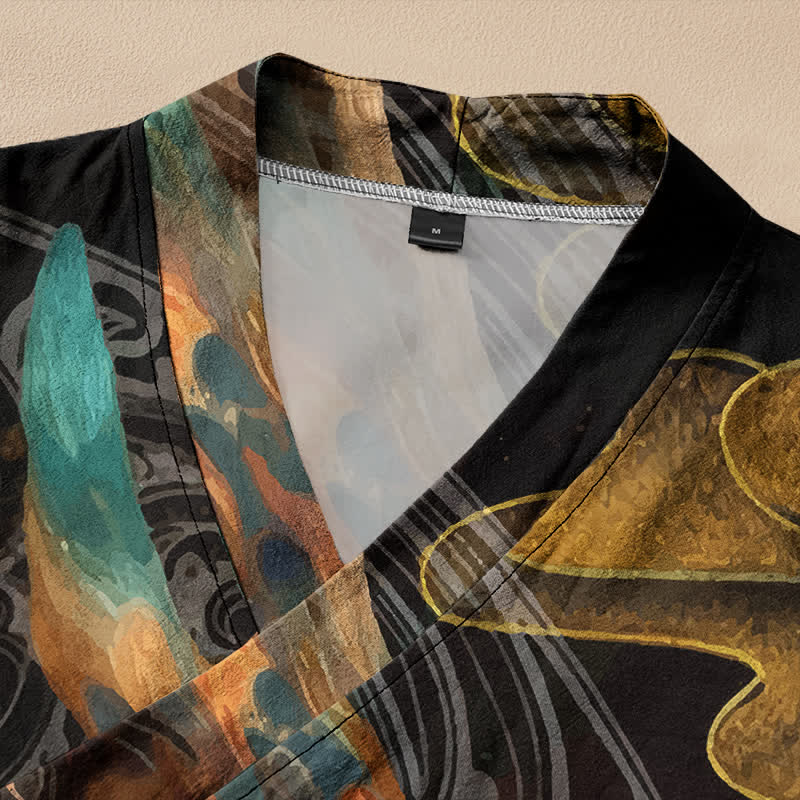 Buddha Stones Cotton Golden Phoenix Cloud Print Hanfu Style Wrap V-Neck Lace-up Women's Long Sleeve Shirts Kimono - image 2