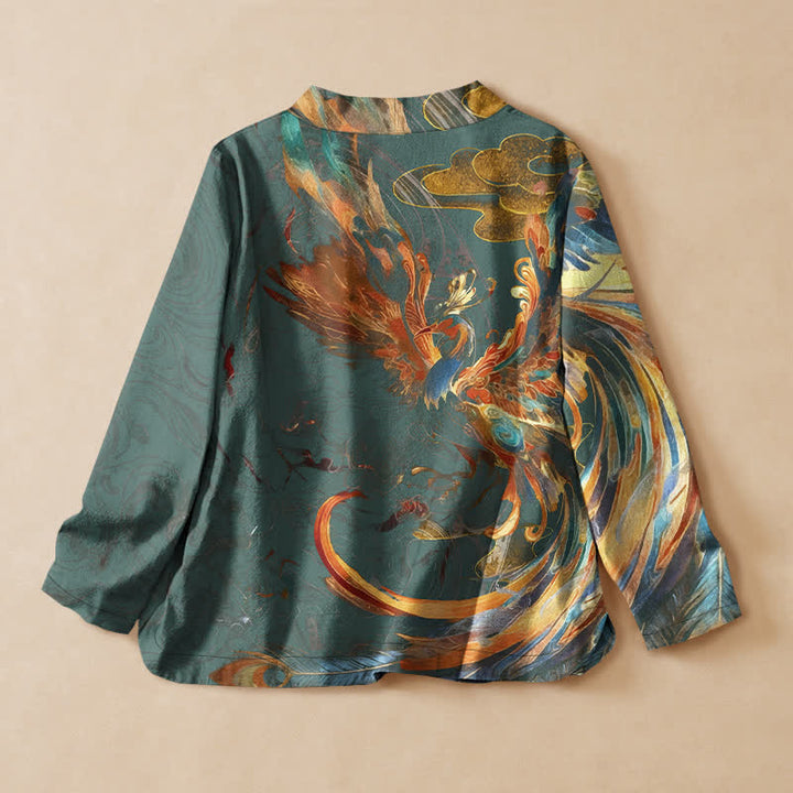 Buddha Stones Cotton Golden Phoenix Cloud Print Hanfu Style Wrap V-Neck Lace-up Women's Long Sleeve Shirts Kimono - image 6
