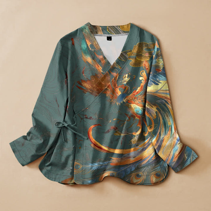 Buddha Stones Cotton Golden Phoenix Cloud Print Hanfu Style Wrap V-Neck Lace-up Women's Long Sleeve Shirts Kimono - Teal - US16，UK/AU20，EU48 (3XL) - image 5