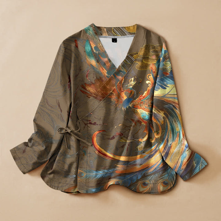 Buddha Stones Cotton Golden Phoenix Cloud Print Hanfu Style Wrap V-Neck Lace-up Women's Long Sleeve Shirts Kimono - DarkGoldenrod - US16，UK/AU20，EU48 (3XL) - image 7
