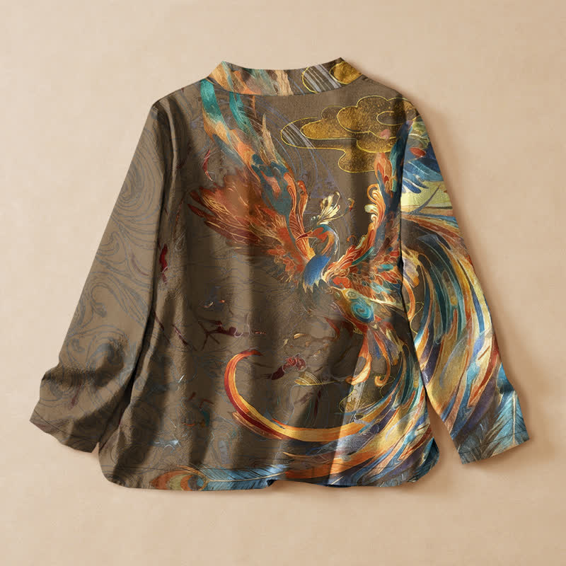 Buddha Stones Cotton Golden Phoenix Cloud Print Hanfu Style Wrap V-Neck Lace-up Women's Long Sleeve Shirts Kimono - image 8