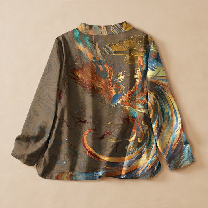 Buddha Stones Cotton Golden Phoenix Cloud Print Hanfu Style Wrap V-Neck Lace-up Women's Long Sleeve Shirts Kimono - image 8