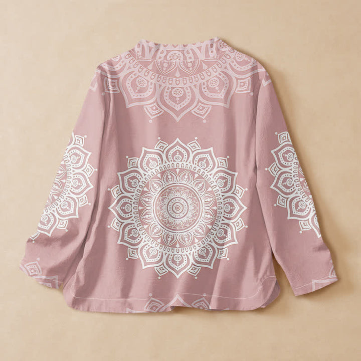 Buddha Stones Cotton White Mandala Print Hanfu Style Wrap V-Neck Lace-up Women's Long Sleeve Shirts Kimono - image 1