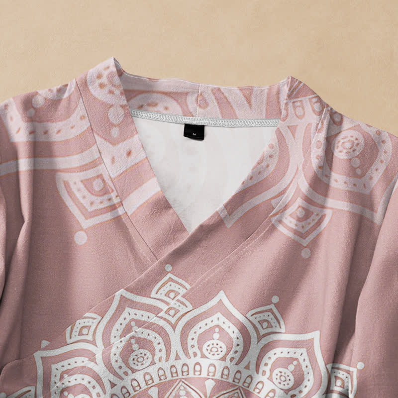 Buddha Stones Cotton White Mandala Print Hanfu Style Wrap V-Neck Lace-up Women's Long Sleeve Shirts Kimono - image 2