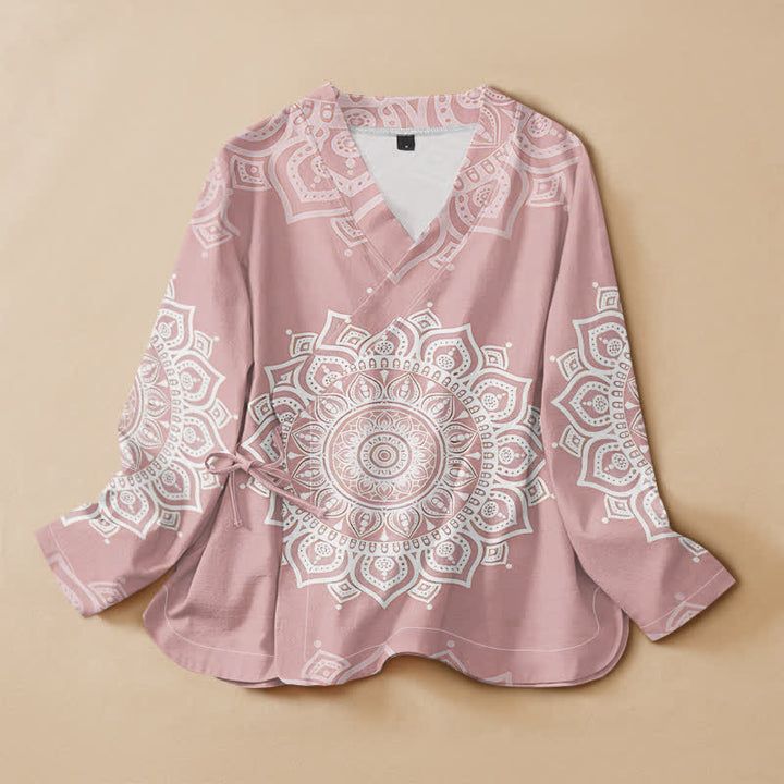 Buddha Stones Cotton White Mandala Print Hanfu Style Wrap V-Neck Lace-up Women's Long Sleeve Shirts Kimono - LightPink - US16，UK/AU20，EU48 (3XL) - image 0