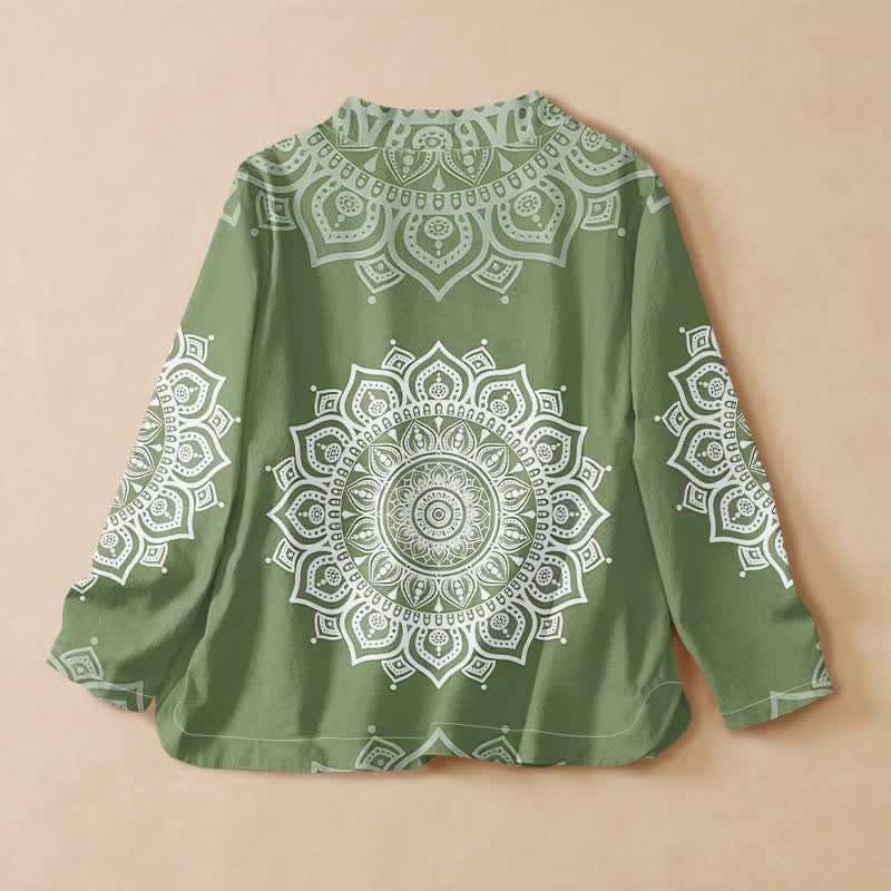 Buddha Stones Cotton White Mandala Print Hanfu Style Wrap V-Neck Lace-up Women's Long Sleeve Shirts Kimono - image 6
