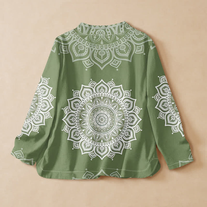 Buddha Stones Cotton White Mandala Print Hanfu Style Wrap V-Neck Lace-up Women's Long Sleeve Shirts Kimono - image 6