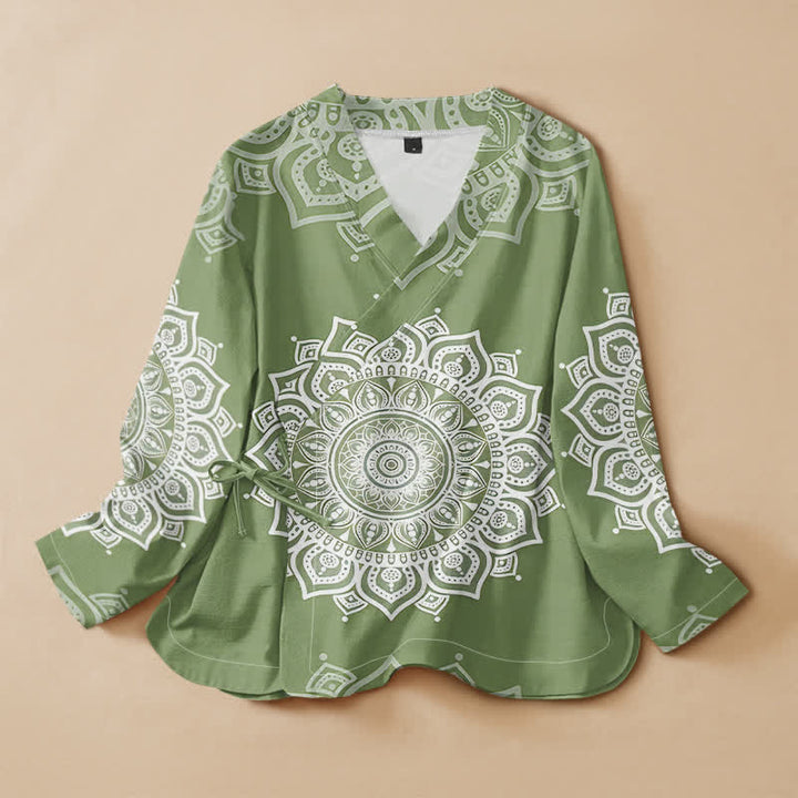 Buddha Stones Cotton White Mandala Print Hanfu Style Wrap V-Neck Lace-up Women's Long Sleeve Shirts Kimono - OliveDrab - US16，UK/AU20，EU48 (3XL) - image 5
