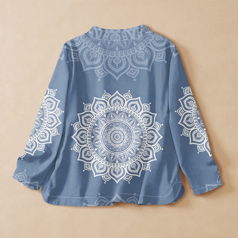 Buddha Stones Cotton White Mandala Print Hanfu Style Wrap V-Neck Lace-up Women's Long Sleeve Shirts Kimono - image 8