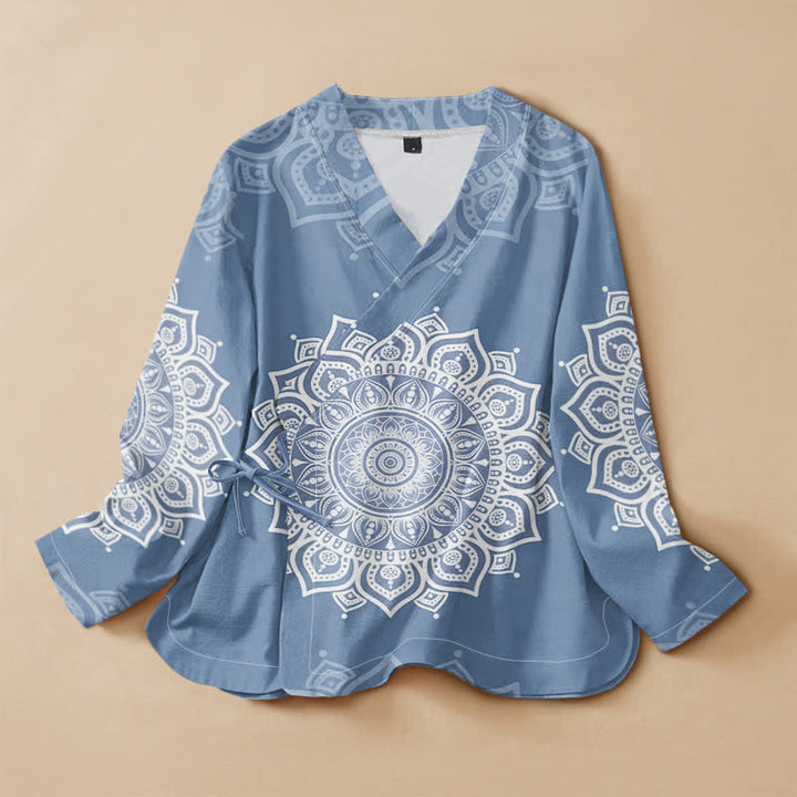 Buddha Stones Cotton White Mandala Print Hanfu Style Wrap V-Neck Lace-up Women's Long Sleeve Shirts Kimono - SteelBlue - US16，UK/AU20，EU48 (3XL) - image 7